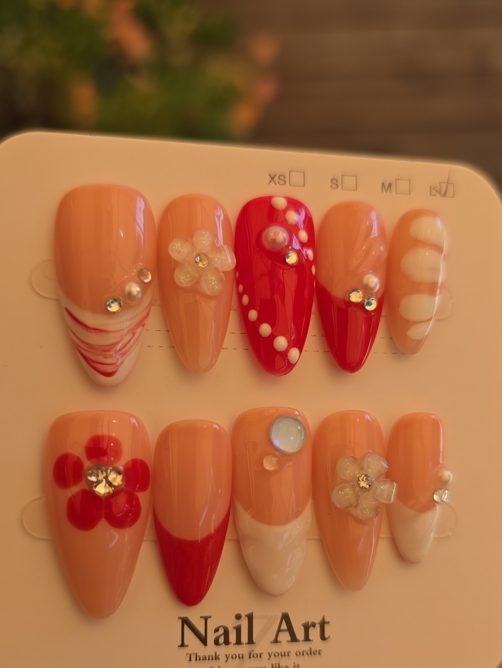 Peach & Red Floral Rhinestone Press-On Nail Set Size Large